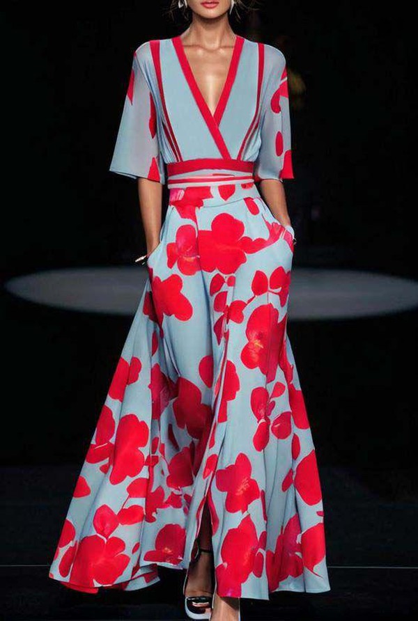Women's Floral Maxi Dress – Elegant Deep V-Neck, Elbow Sleeves, Fitted Waist, Flowing Skirt, Summer Ready