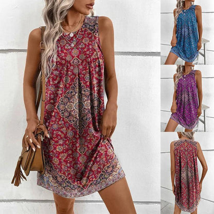 Women's Bohemian Print Summer Dress – A-Line, Sleeveless, Relaxed Fit